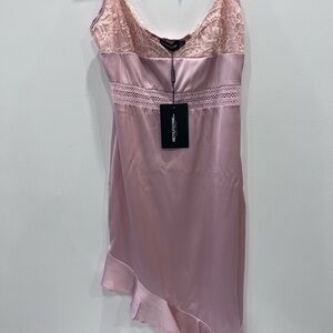 NWT PrettyLittleThing Coquette Satin Slip Dress Pink Lace Mini Y2K